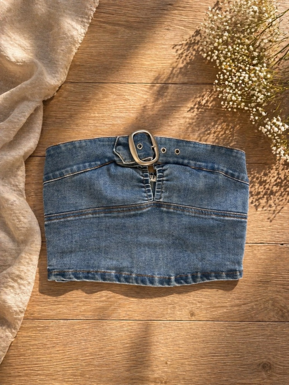 Signature8 Blue Denim Strapless Belted Tube Top